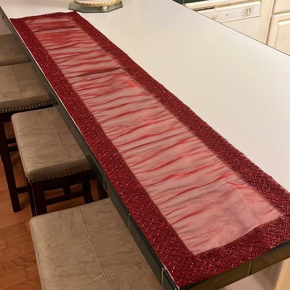 Pier One Burgundy Sequin / Beaded Sheer Table runner